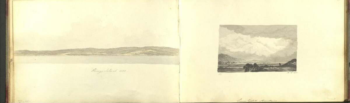 Open Old Sketchbook with Two Landscape Sketches