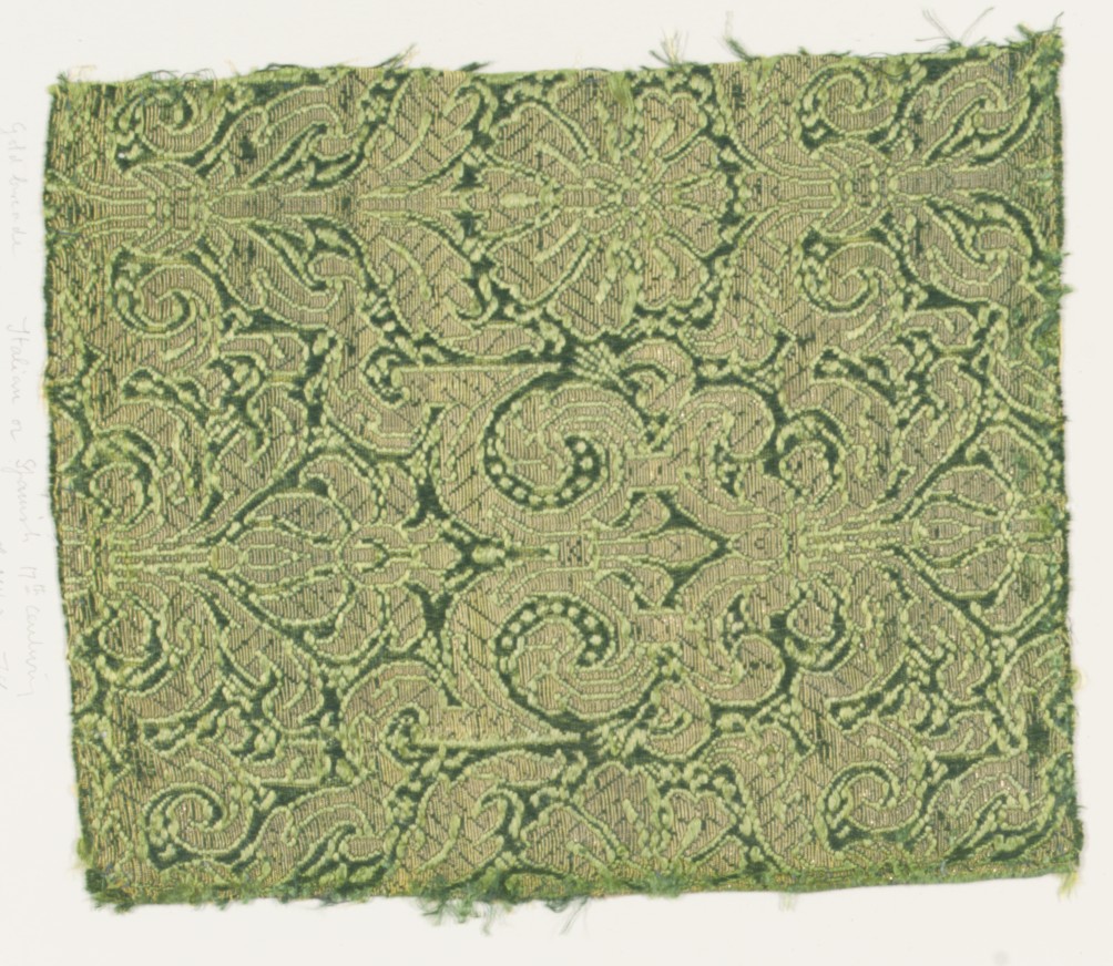 17th Century Green Brocade Fabric Fragment