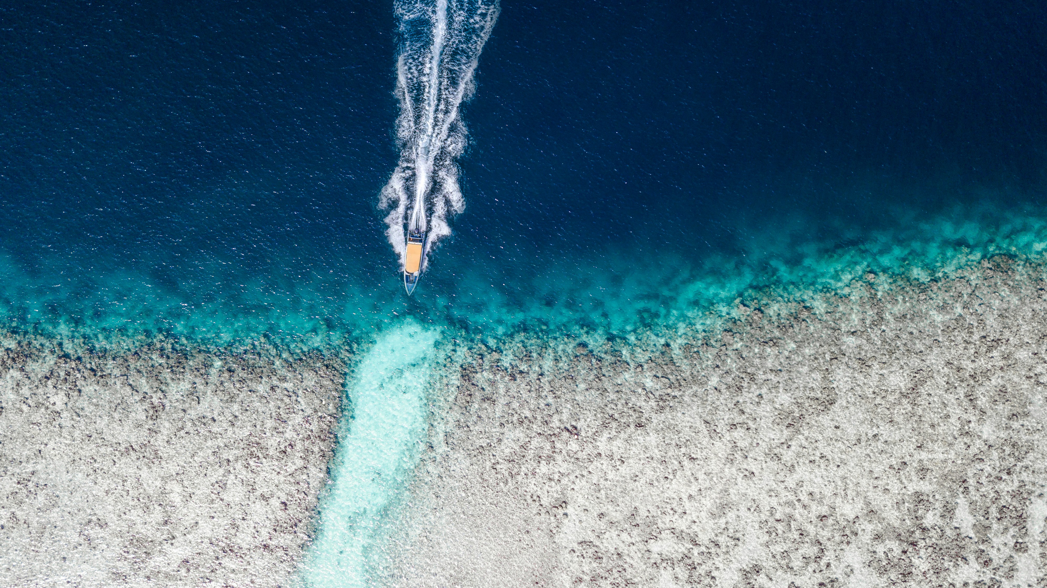 Aerial View of Speedboat Over Coral Reef