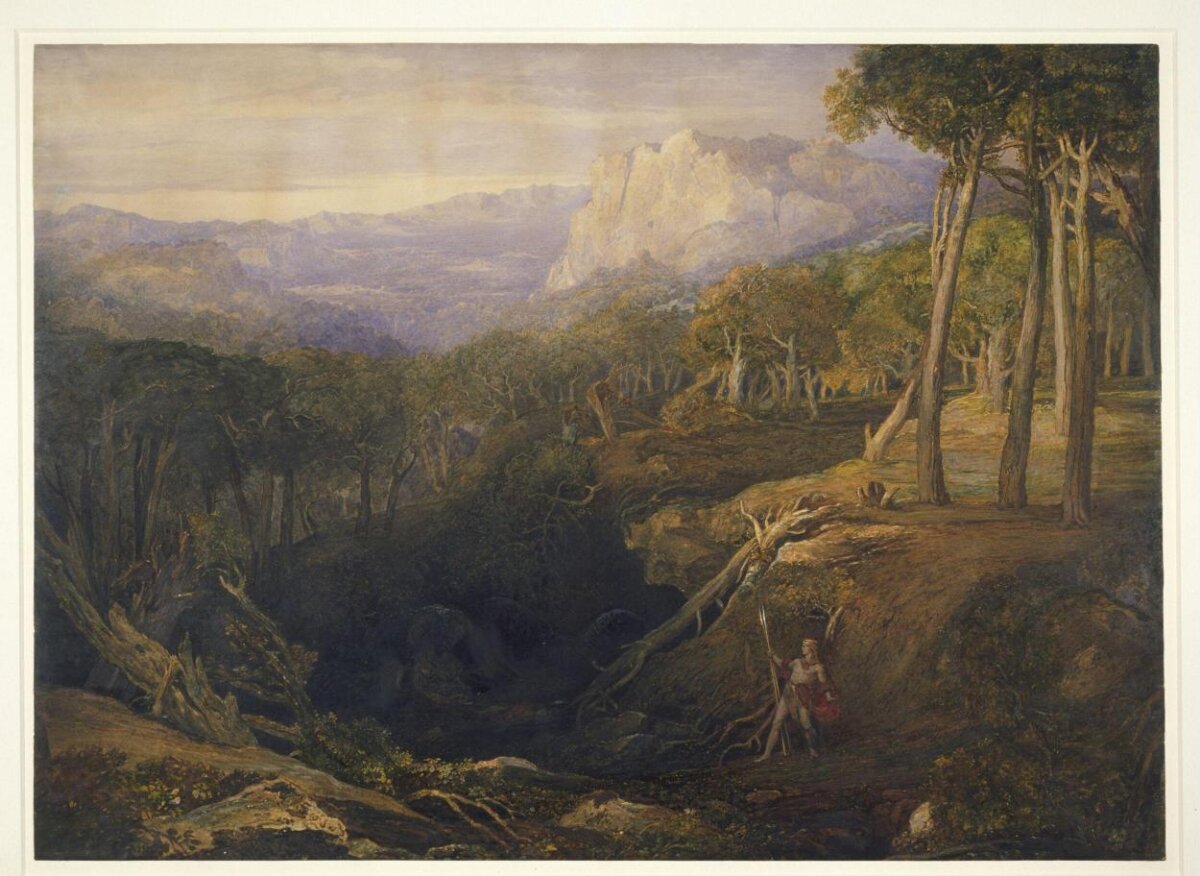 Mountain Forest Landscape with Hunter