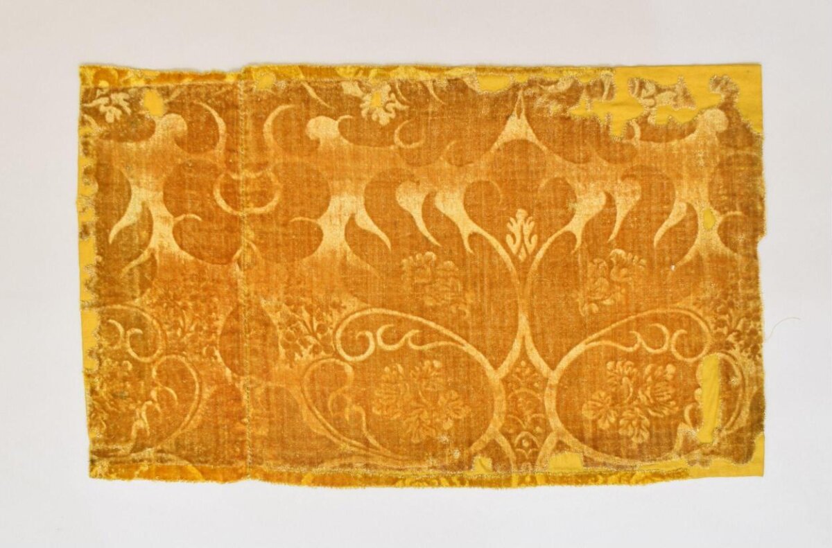 Antique Patterned Yellow Velvet Textile Fragment