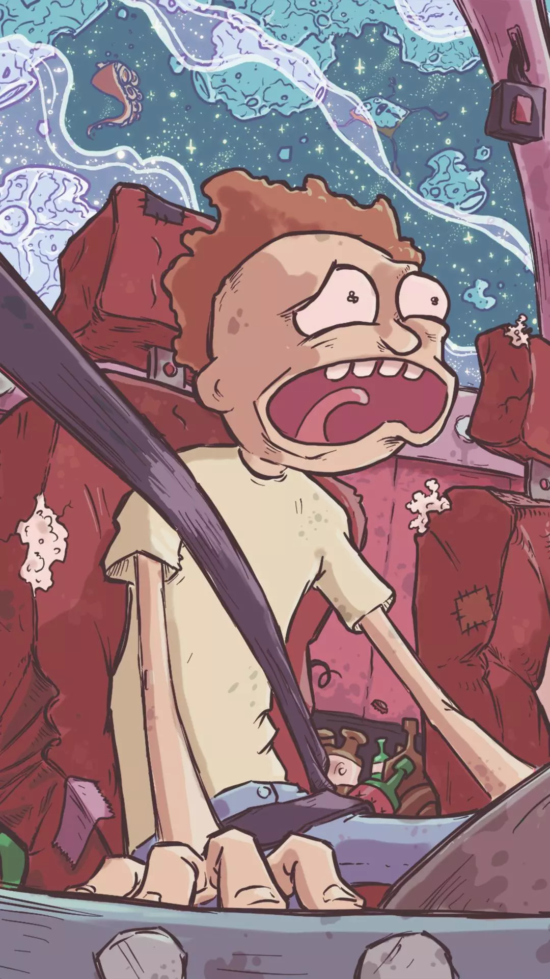 Panicked Morty Driving Spaceship