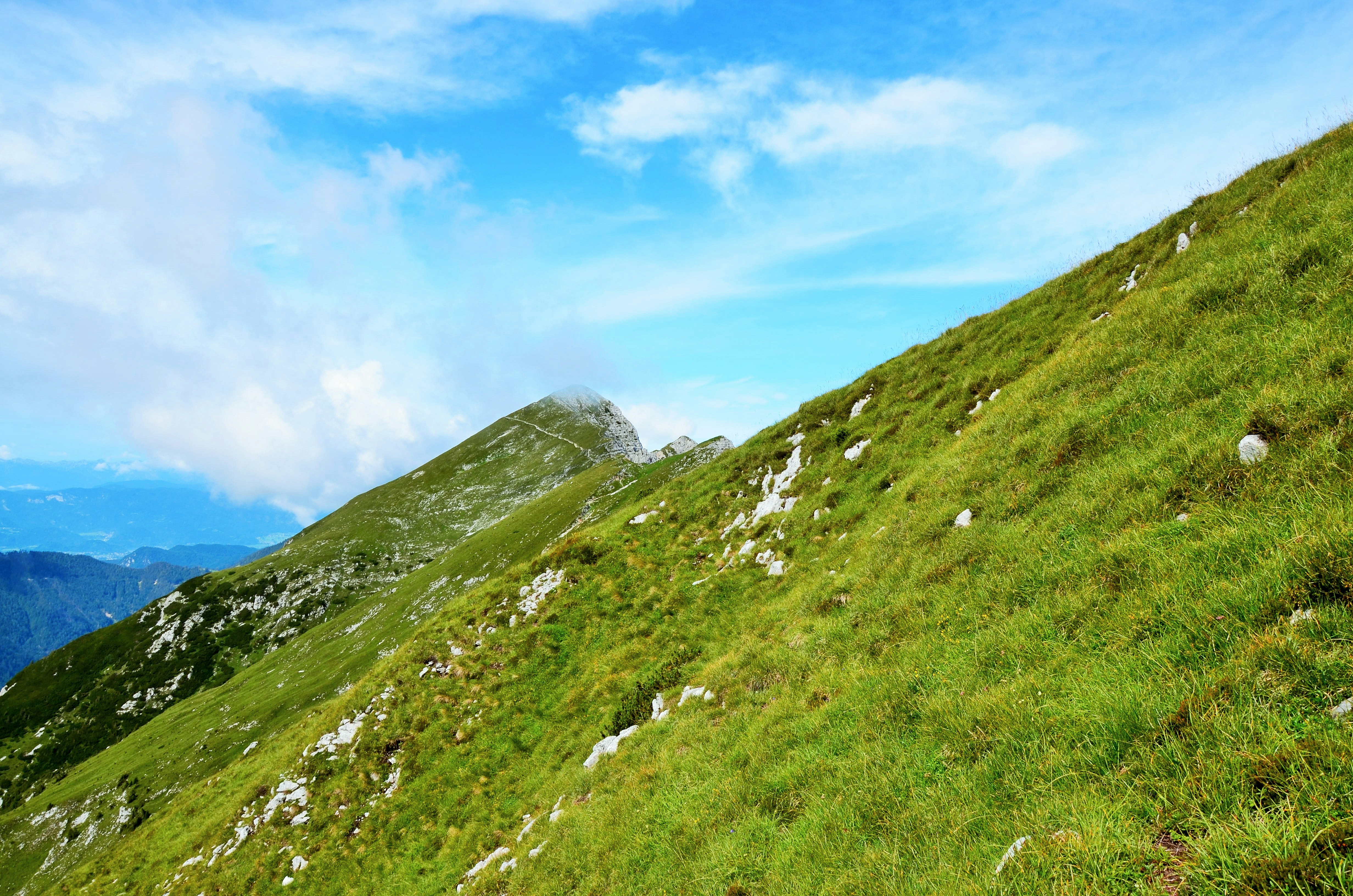Grassy Mountain Slope Under Blue Sky