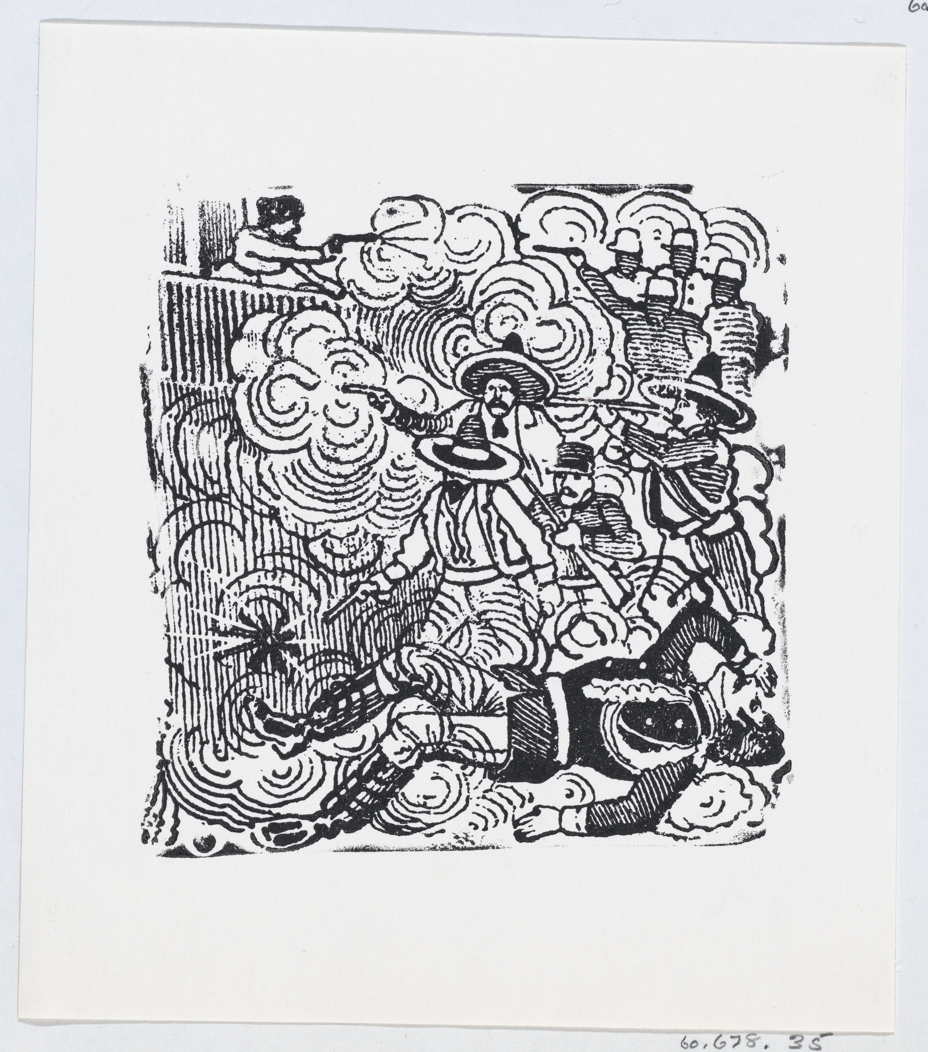 Black and White Woodcut Battle Scene