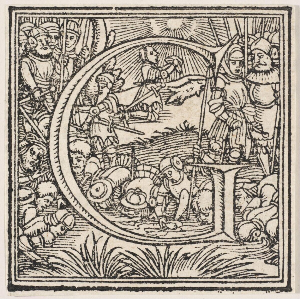 Medieval Woodcut Initial Battle Scene