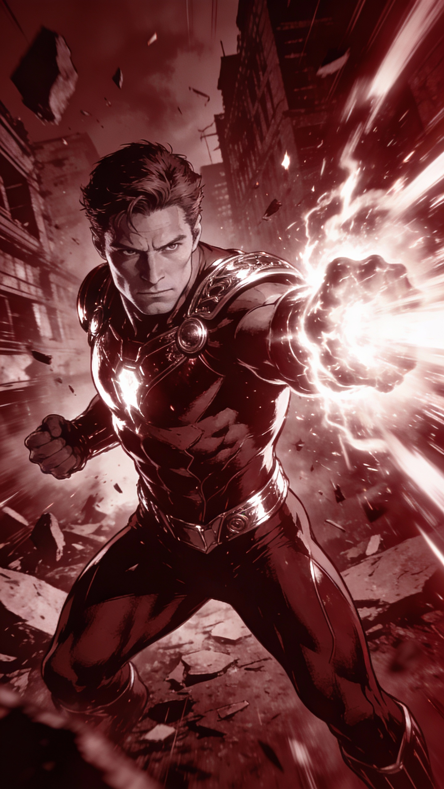 Energy-Wielding Superhero in Ruined City