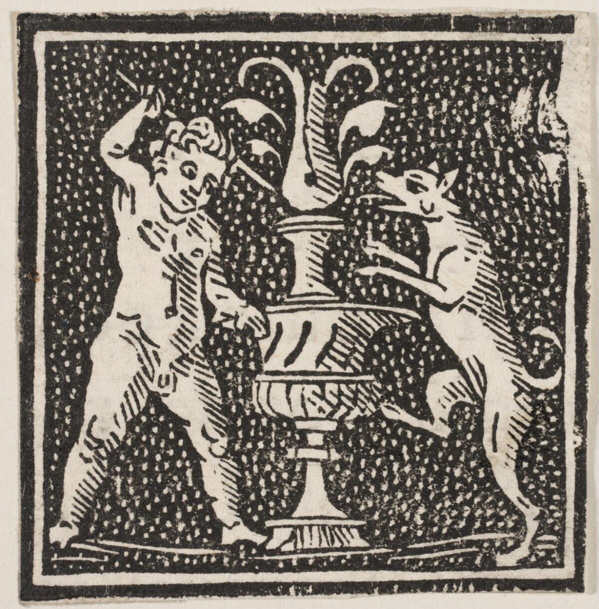 Woodcut of Putto and Dog by Fountain