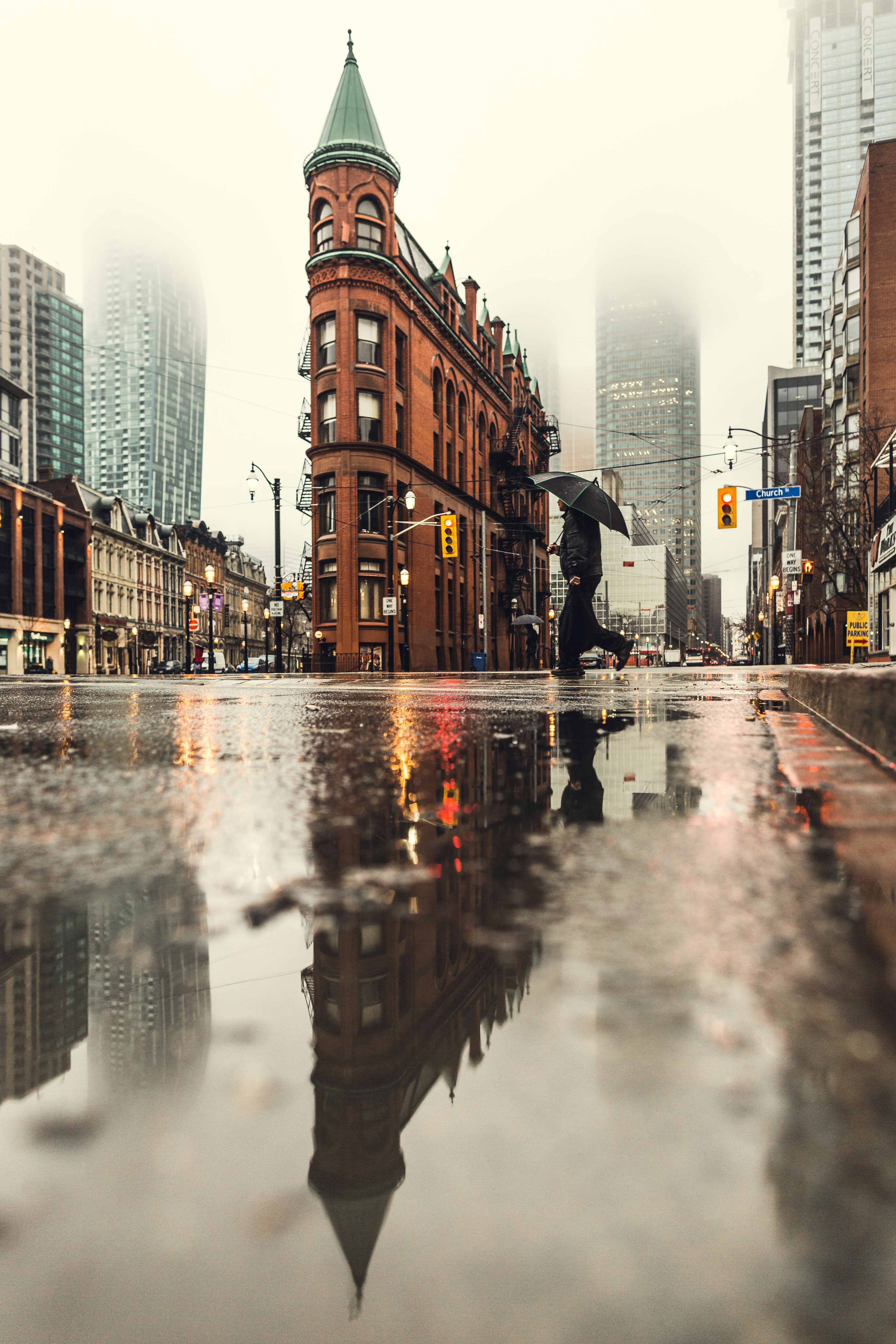 Rainy Church Street Corner Reflection