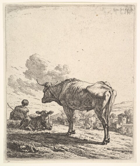 Standing Bull and Cattle in Pastoral Landscape