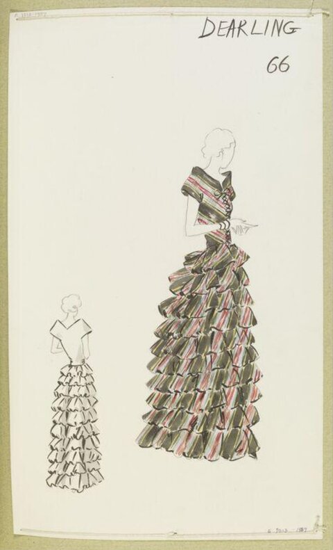 Vintage Ruffled Gown Fashion Sketch