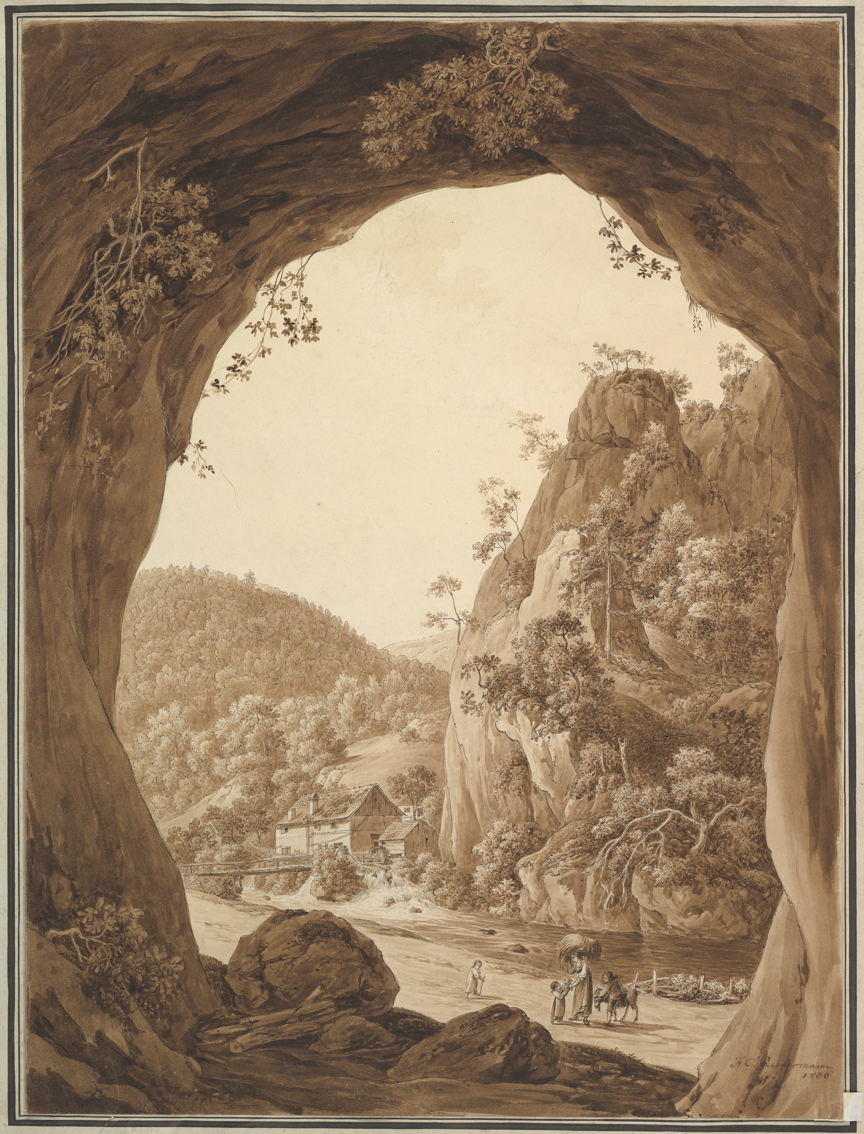 Cave View of Mountain Valley Landscape
