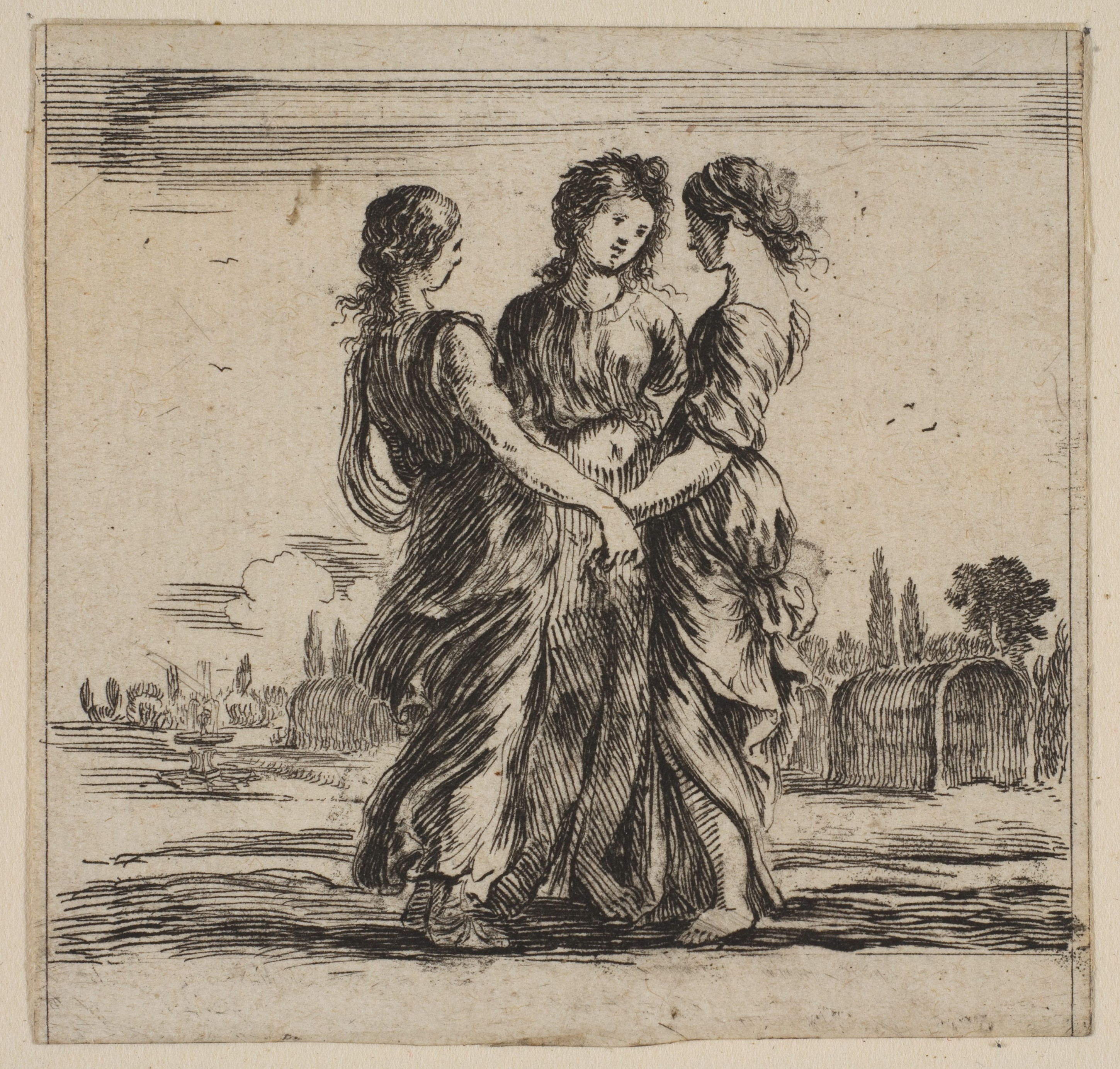 Three Women Dancing in Open Landscape