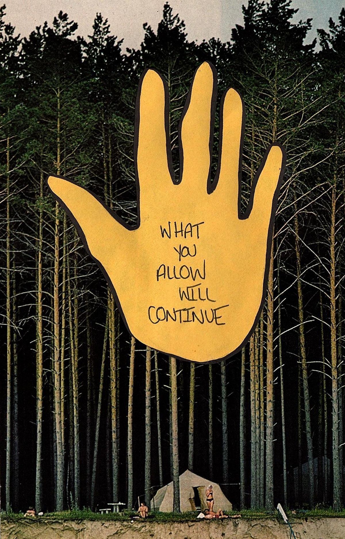 Motivational Hand Art Over Forest Campsite