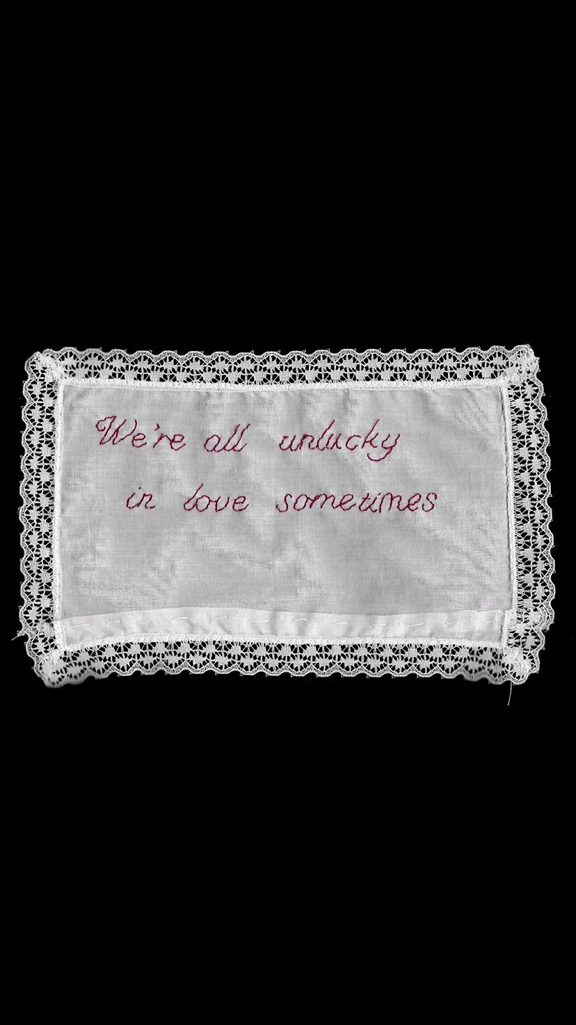 Embroidered Love Quote on Lace Cloth
