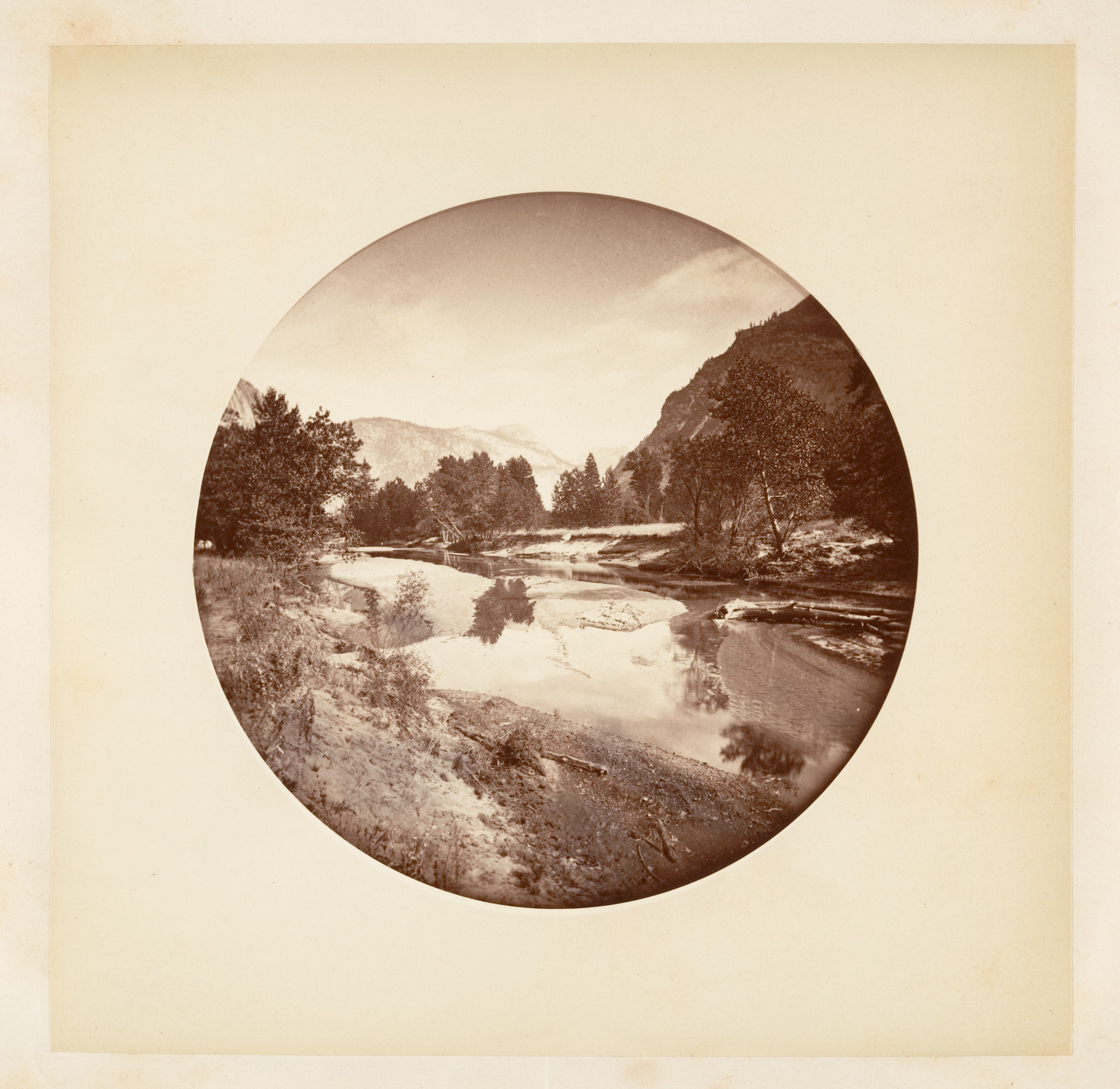 Vintage Circular Mountain River Landscape