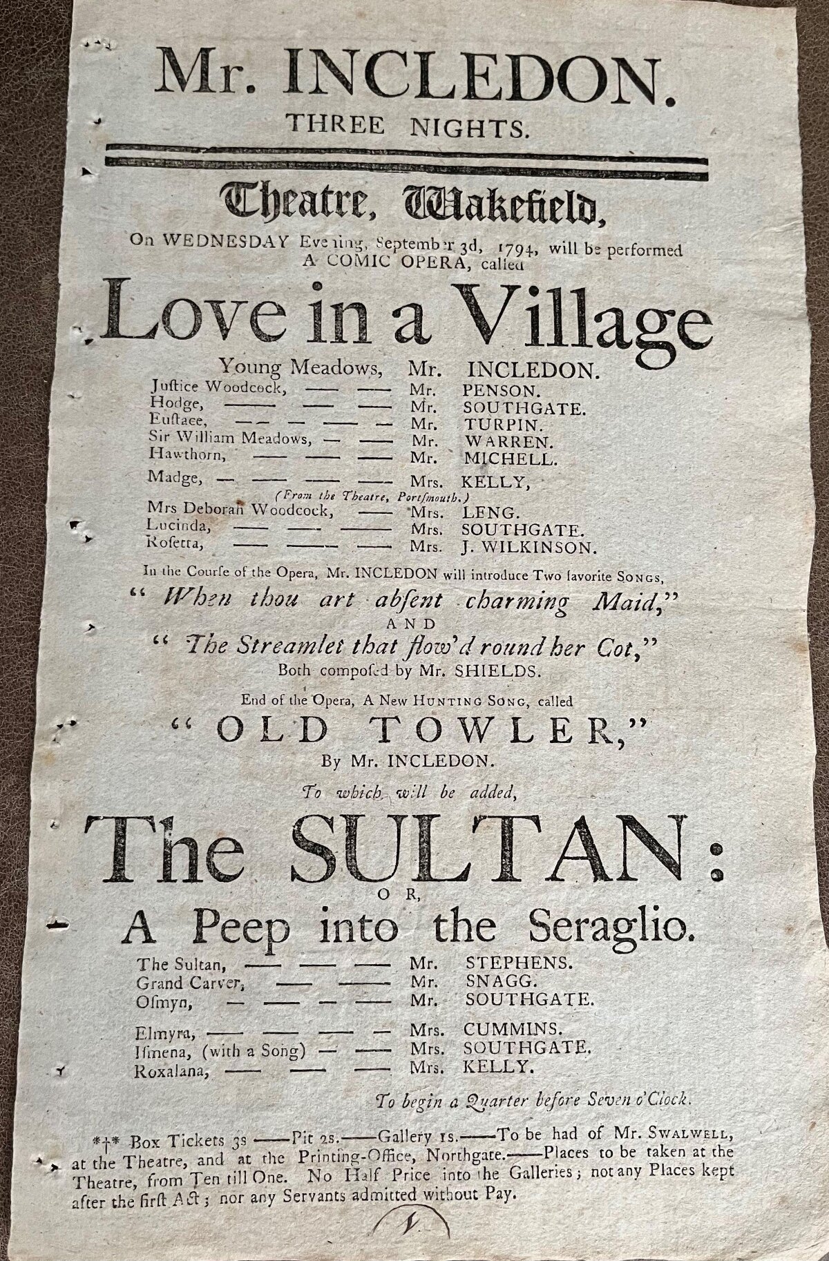 1794 Wakefield Theatre Playbill