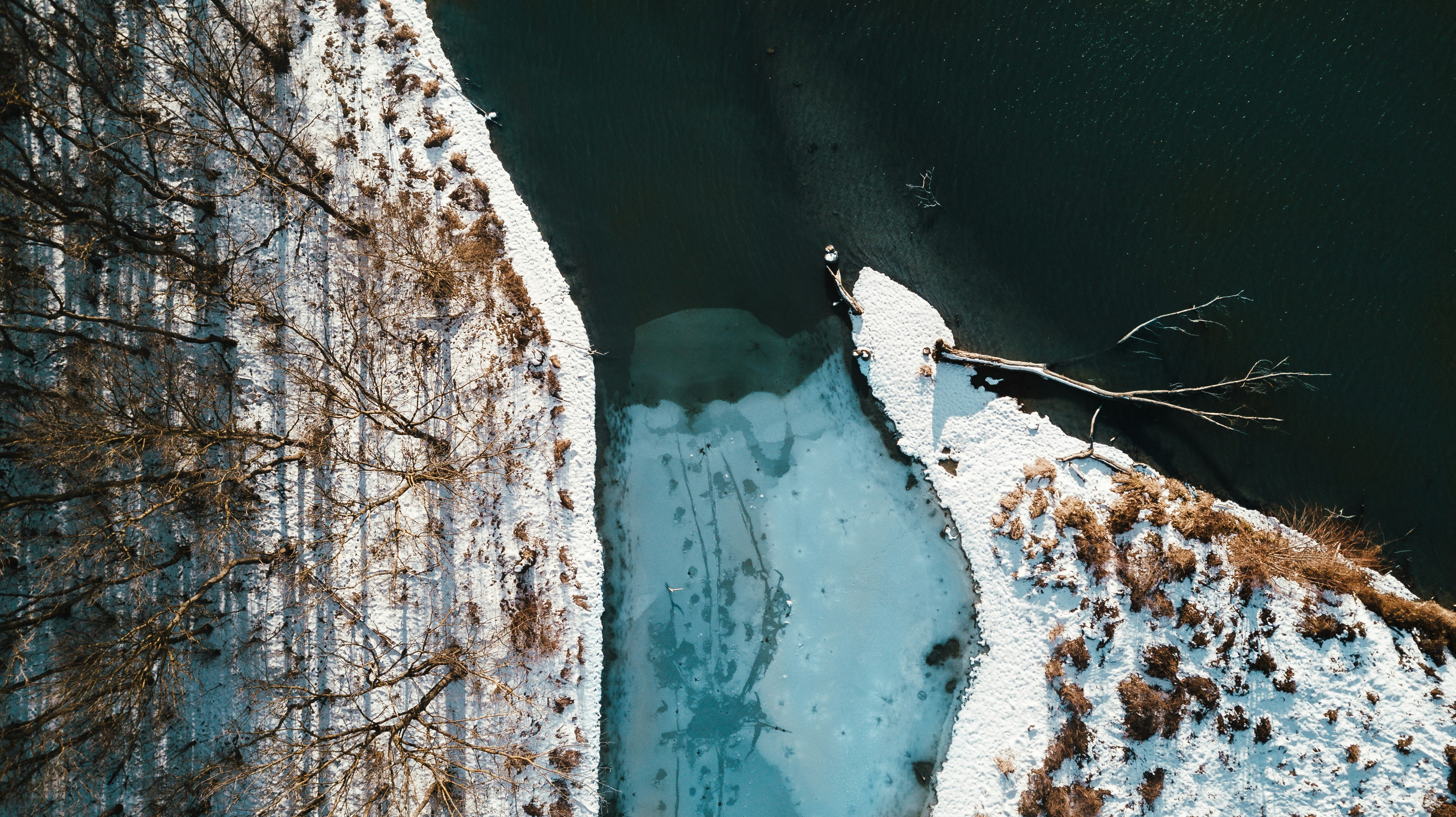 Aerial Winter Snowy River View