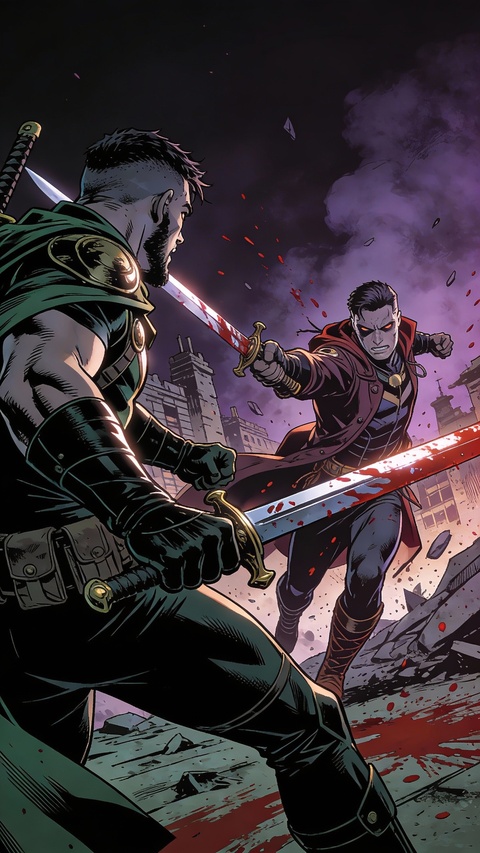 Two Swordsmen Duel in Ruined City