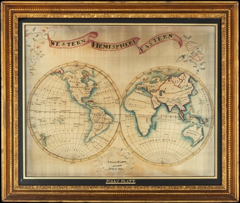 Antique Framed World Hemispheres Map