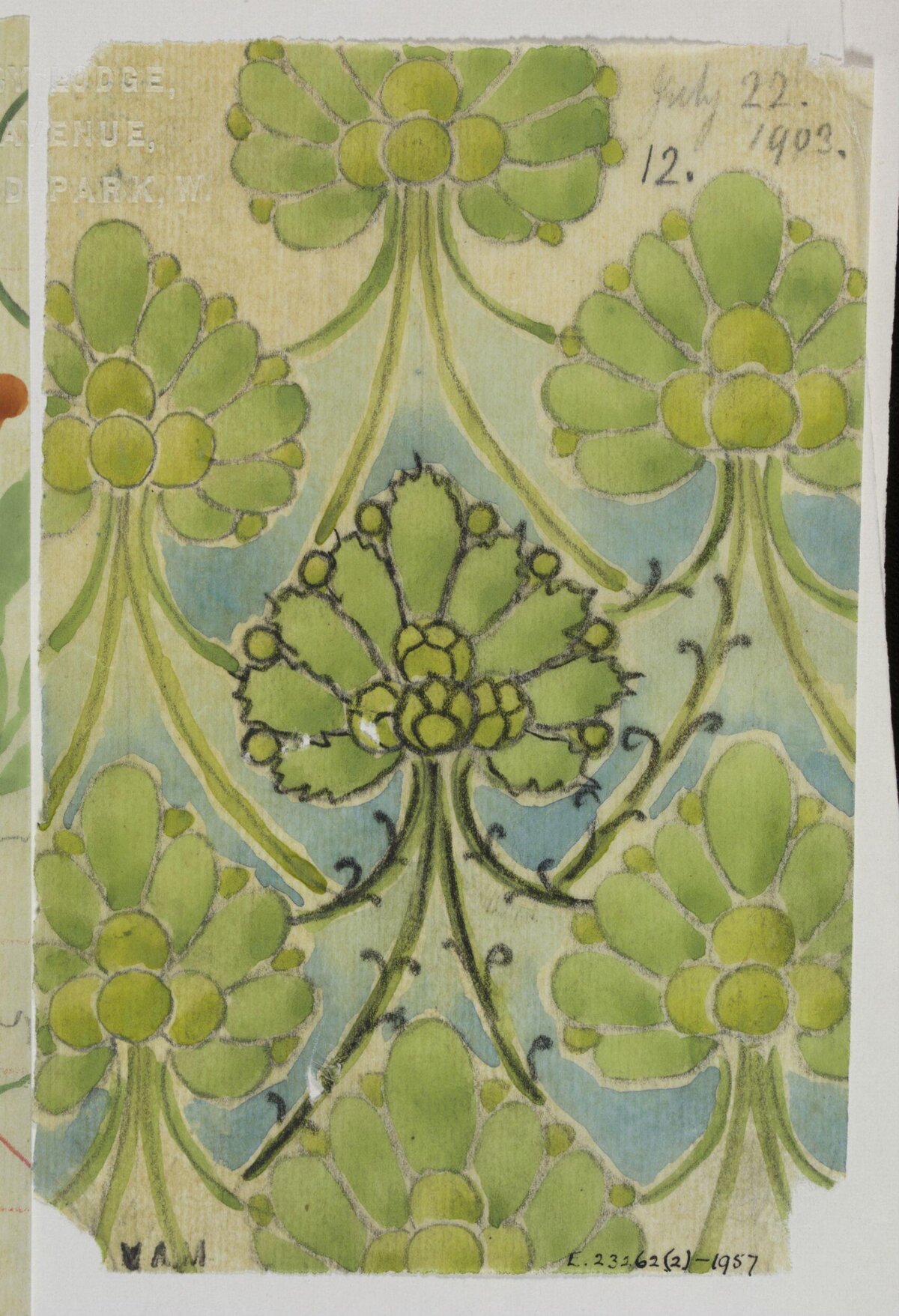 1903 Green Floral Pattern Watercolor Sketch