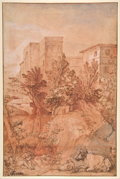 Landscape Sketch with Buildings and Resting Cattle