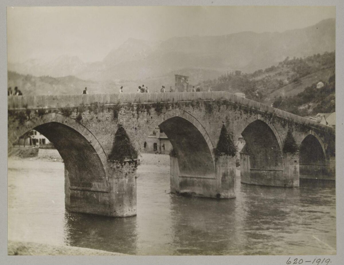 Vintage Stone Arch Bridge Over River