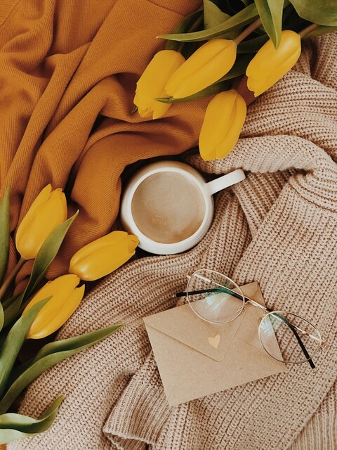 Cozy Flat Lay with Tulips and Coffee