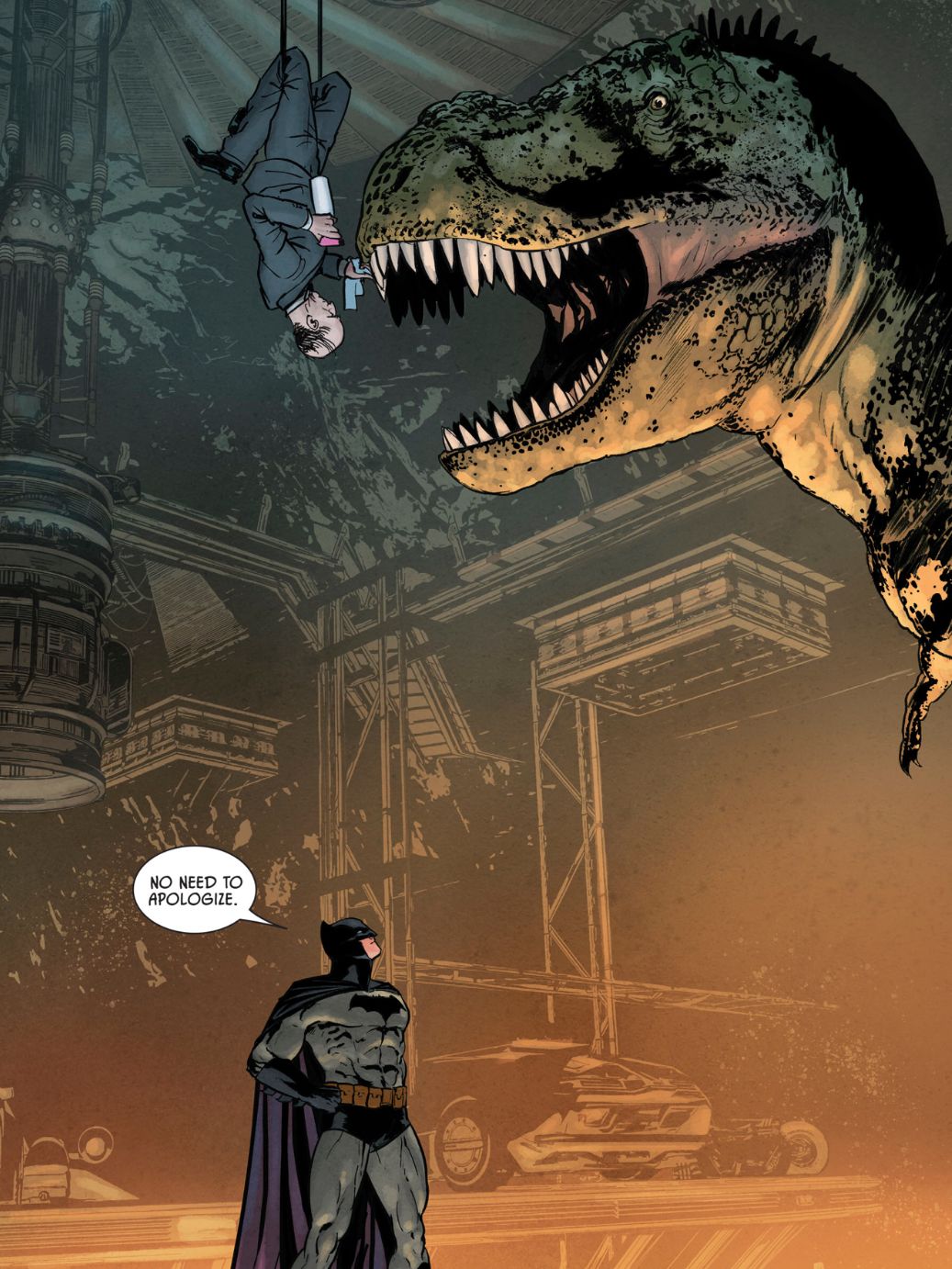 Batman in Batcave with Giant T-Rex