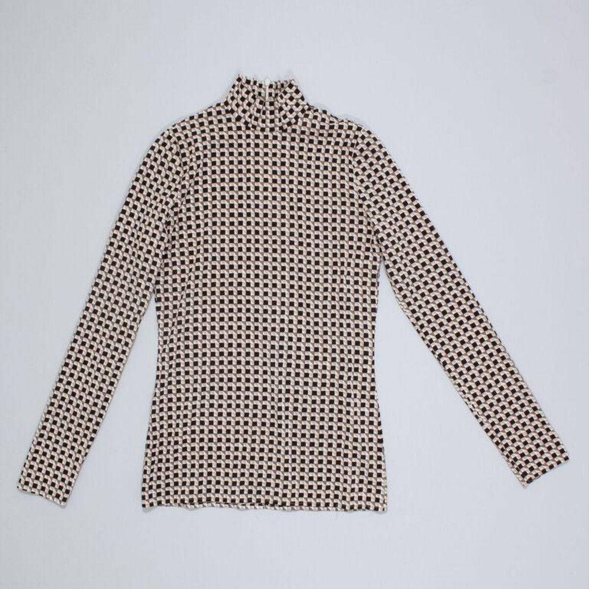 Checkered High Neck Long Sleeve Top