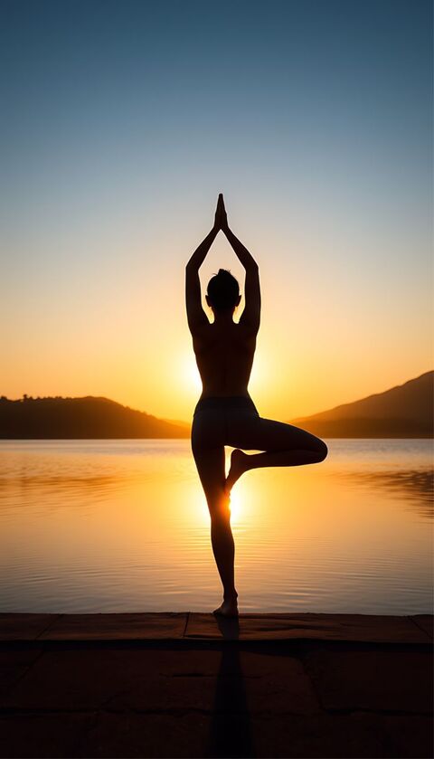 Yoga Tree Pose By Lake At Sunset