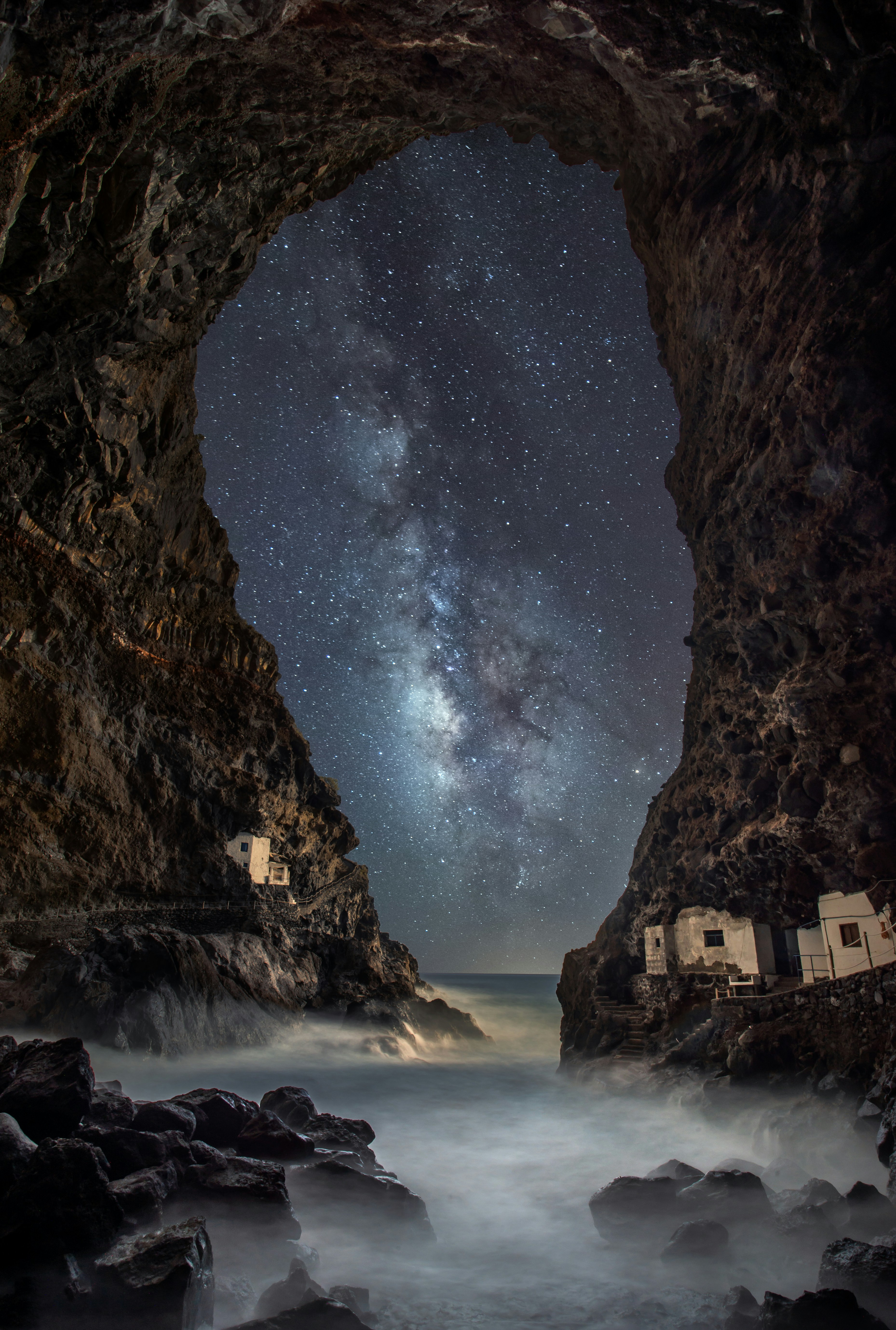 Cave View of Coastal Night Milky Way