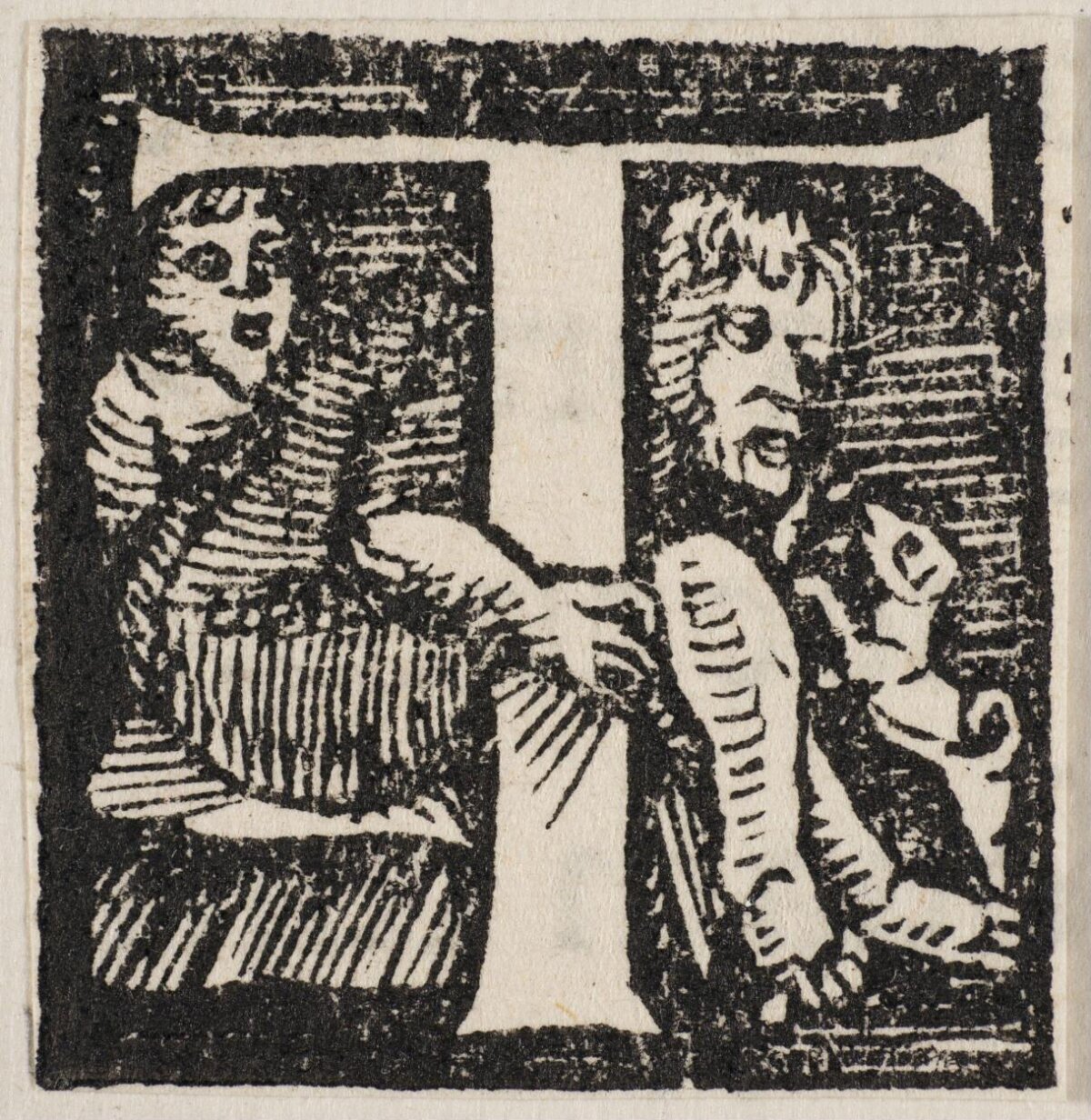 Woodcut of Two People by a Doorway