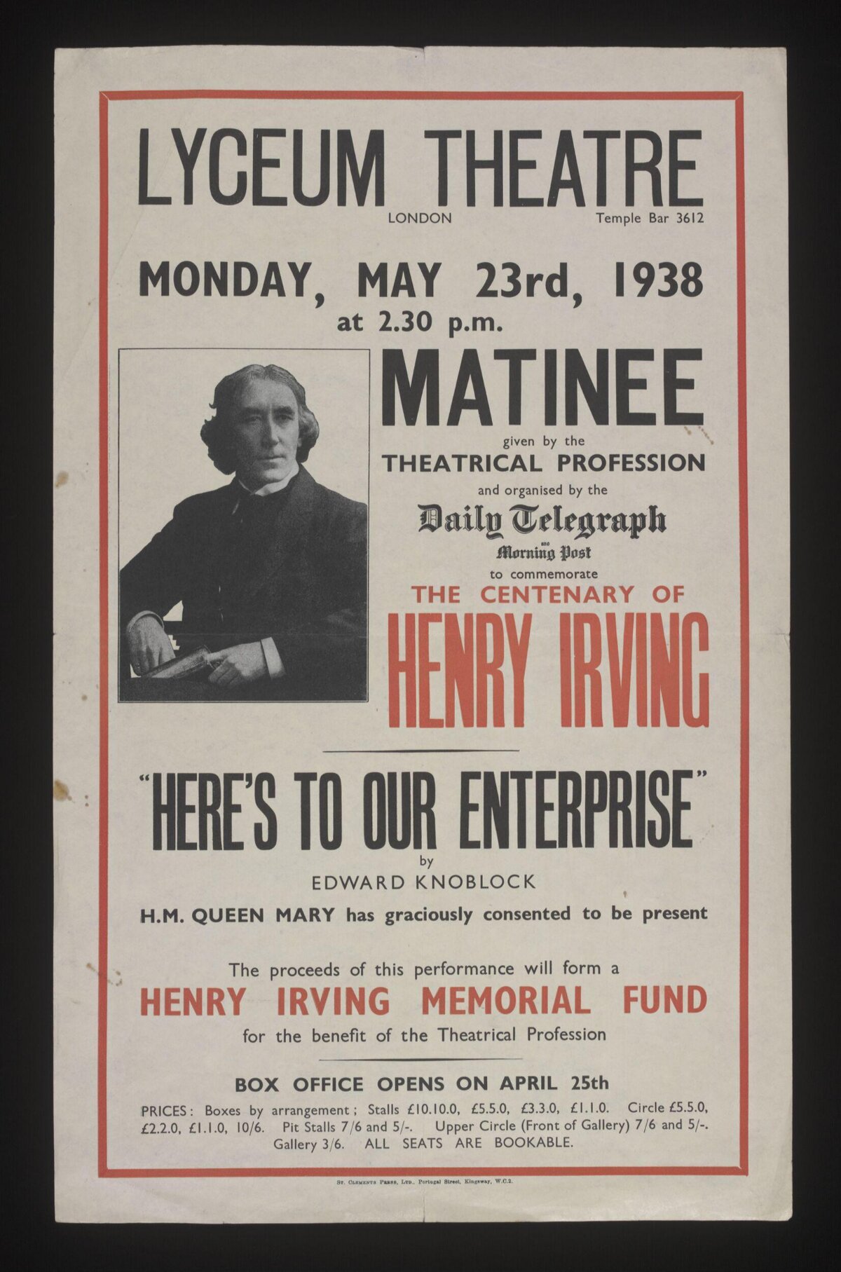 1938 Lyceum Theatre Henry Irving Poster