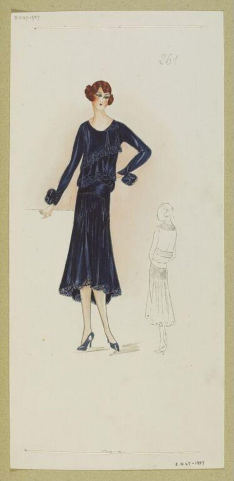 Vintage Dark Blue Dress Fashion Sketch