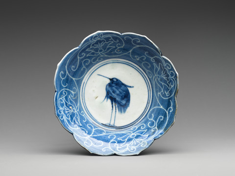 Blue and White Heron Pattern Porcelain Plate