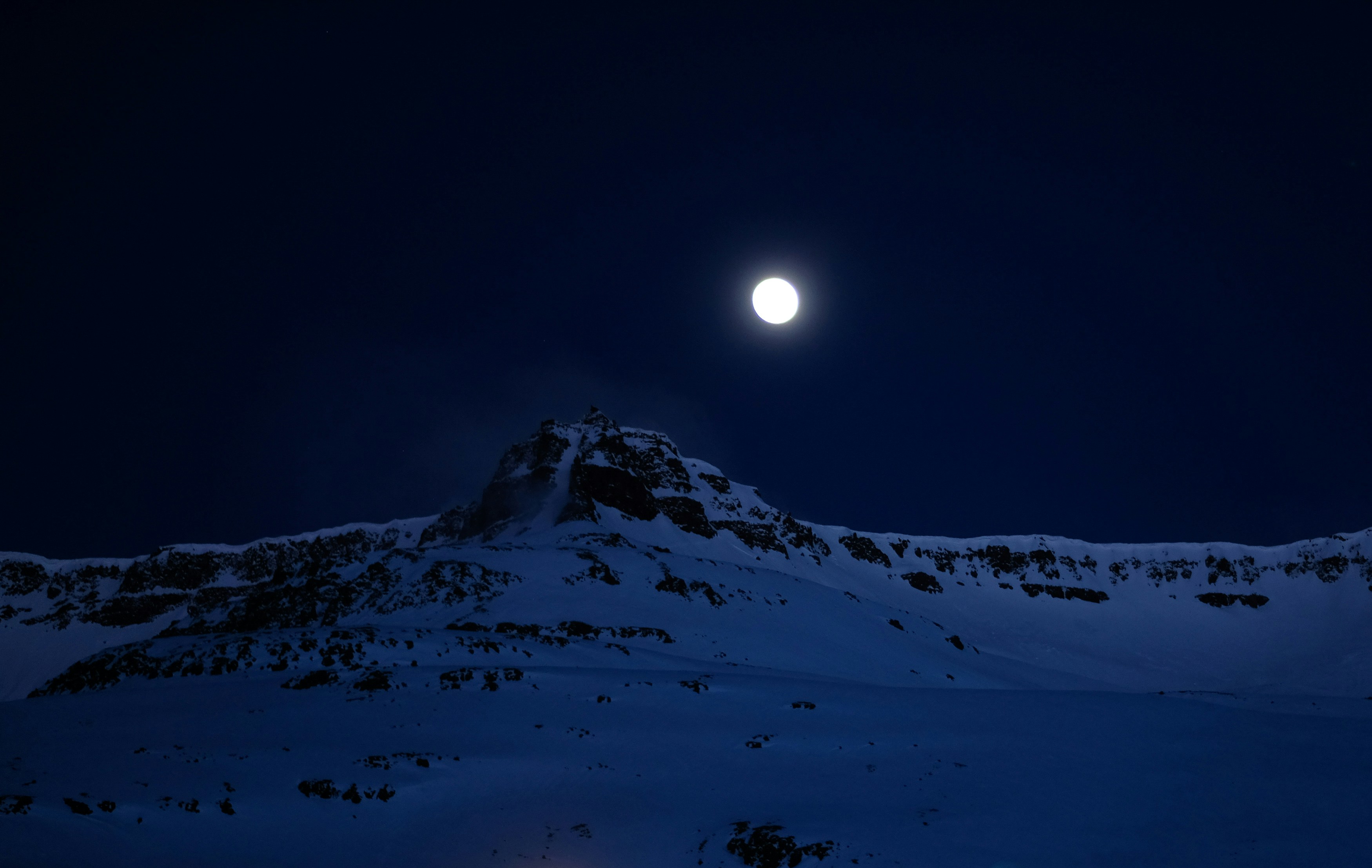 Full Moon Over Snowy Mountain at Night