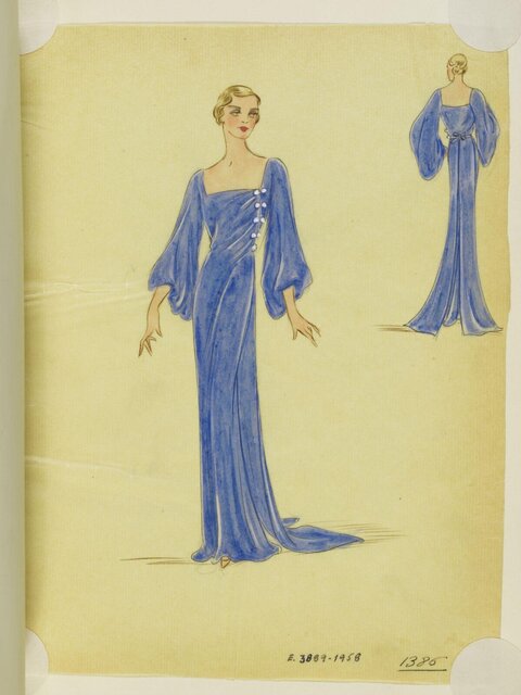 Vintage Blue Evening Gown Fashion Sketch