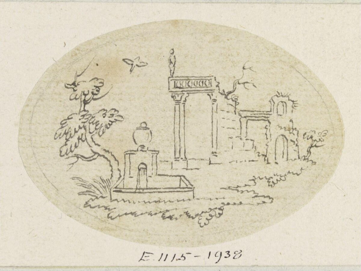 Ink Sketch of Ruins and Fountain