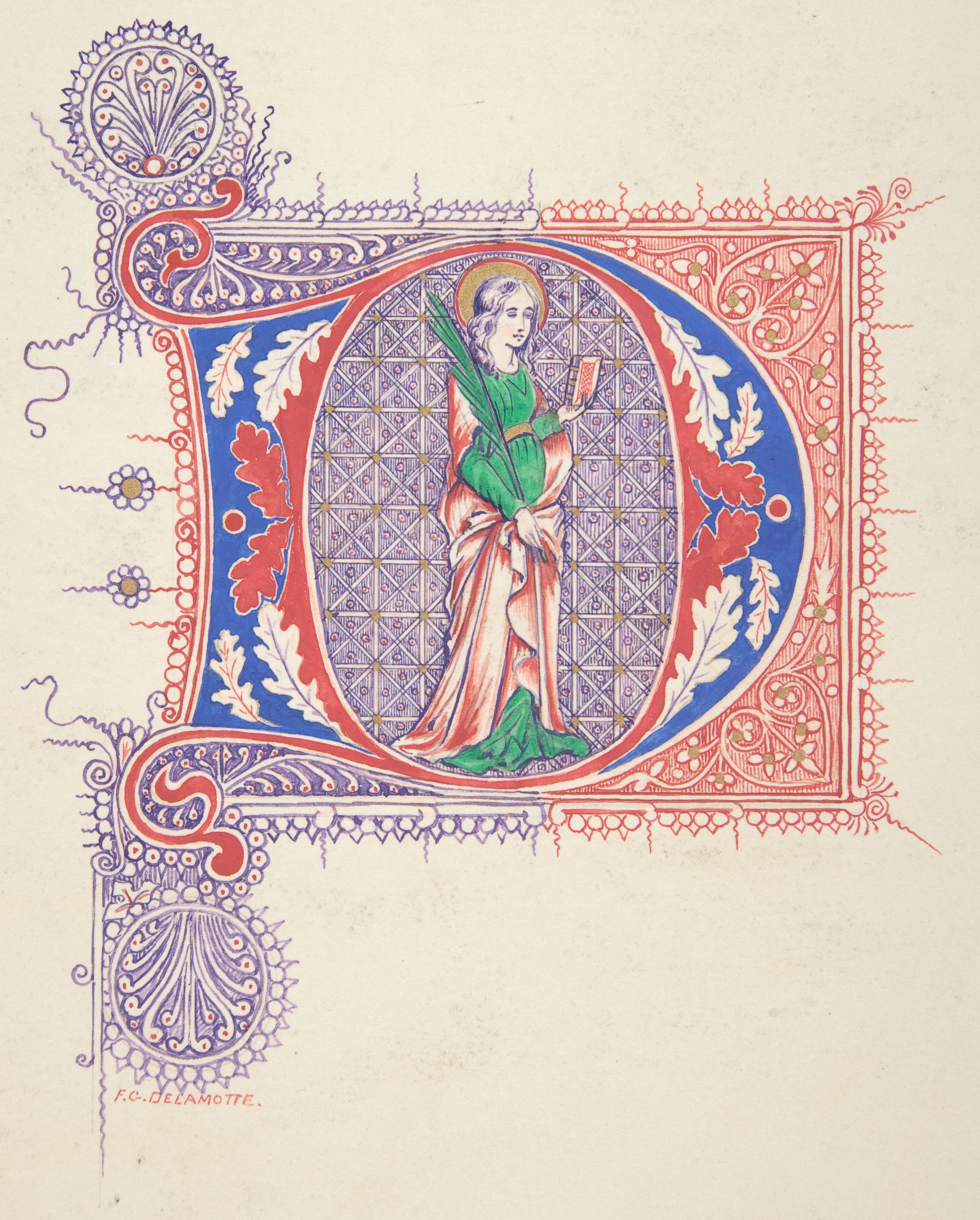 Illuminated Initial O With Female Saint