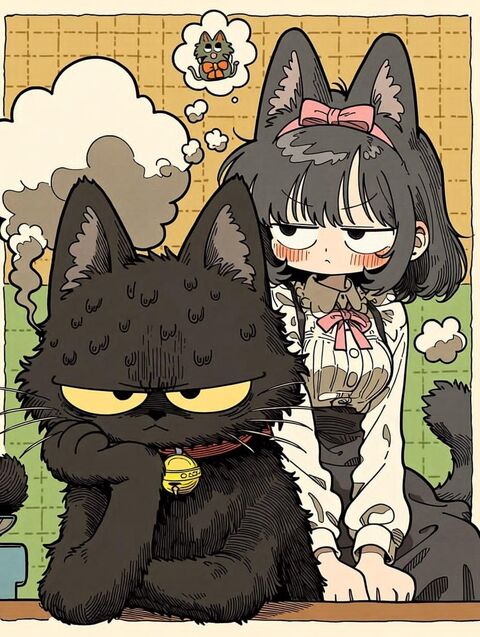 Grumpy Black Cat and Cat Girl