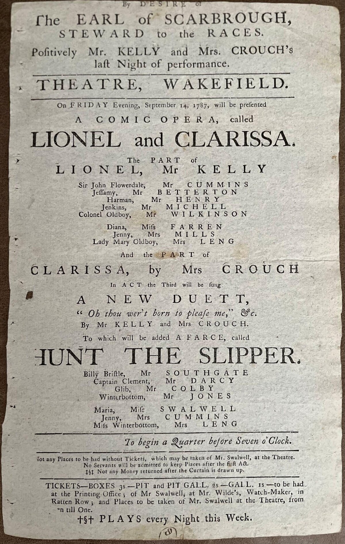 1787 Wakefield Theatre Performance Playbill