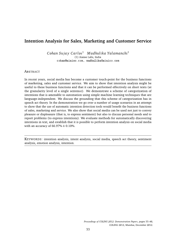 Intention Analysis for Sales, Marketing and Customer Service