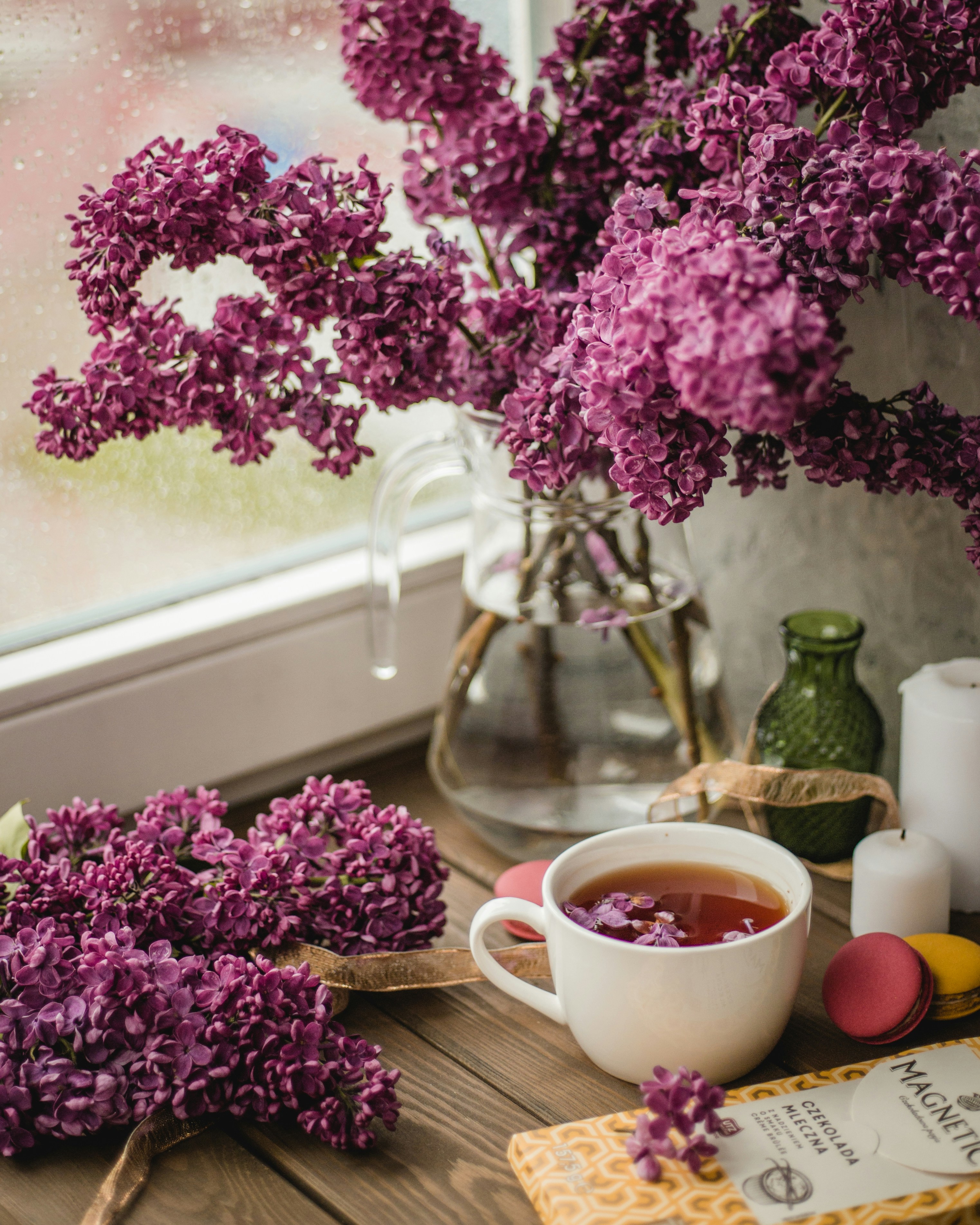 Purple Lilacs and Tea by Window