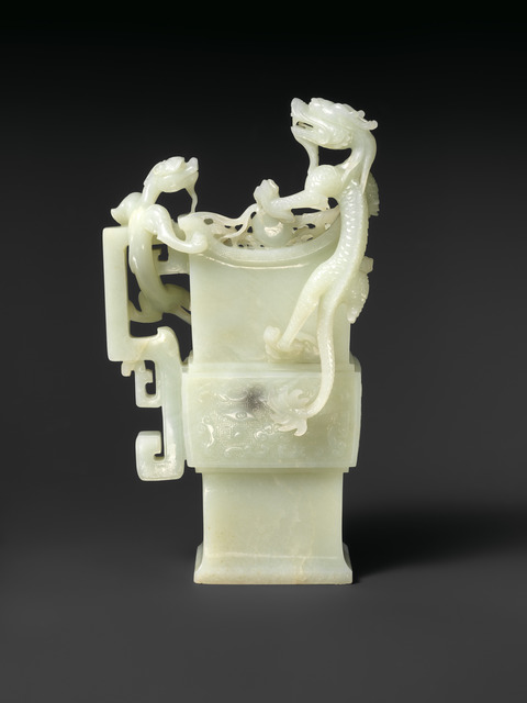 White Jade Carved Double Dragon Vessel