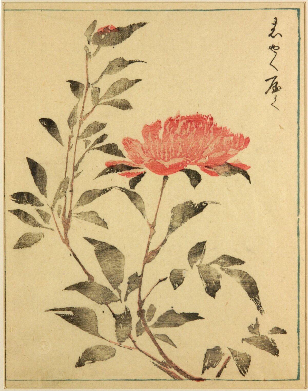 Japanese Woodblock Print of Red Peony