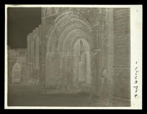 Old Negative of Ruined Stone Church Entrance