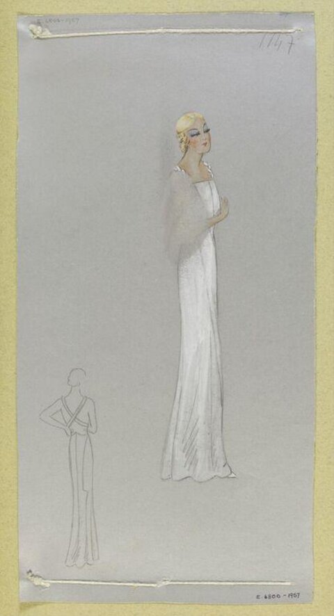 Vintage White Evening Gown Fashion Sketch