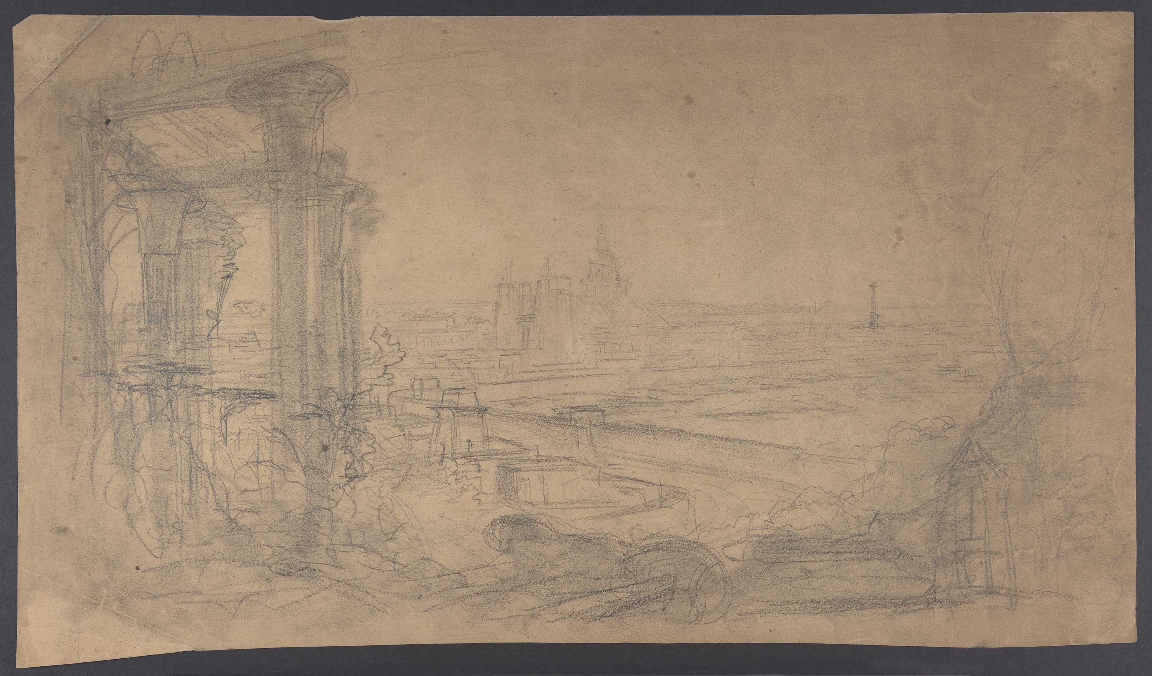 Pencil Sketch of Landscape with Ancient Columns