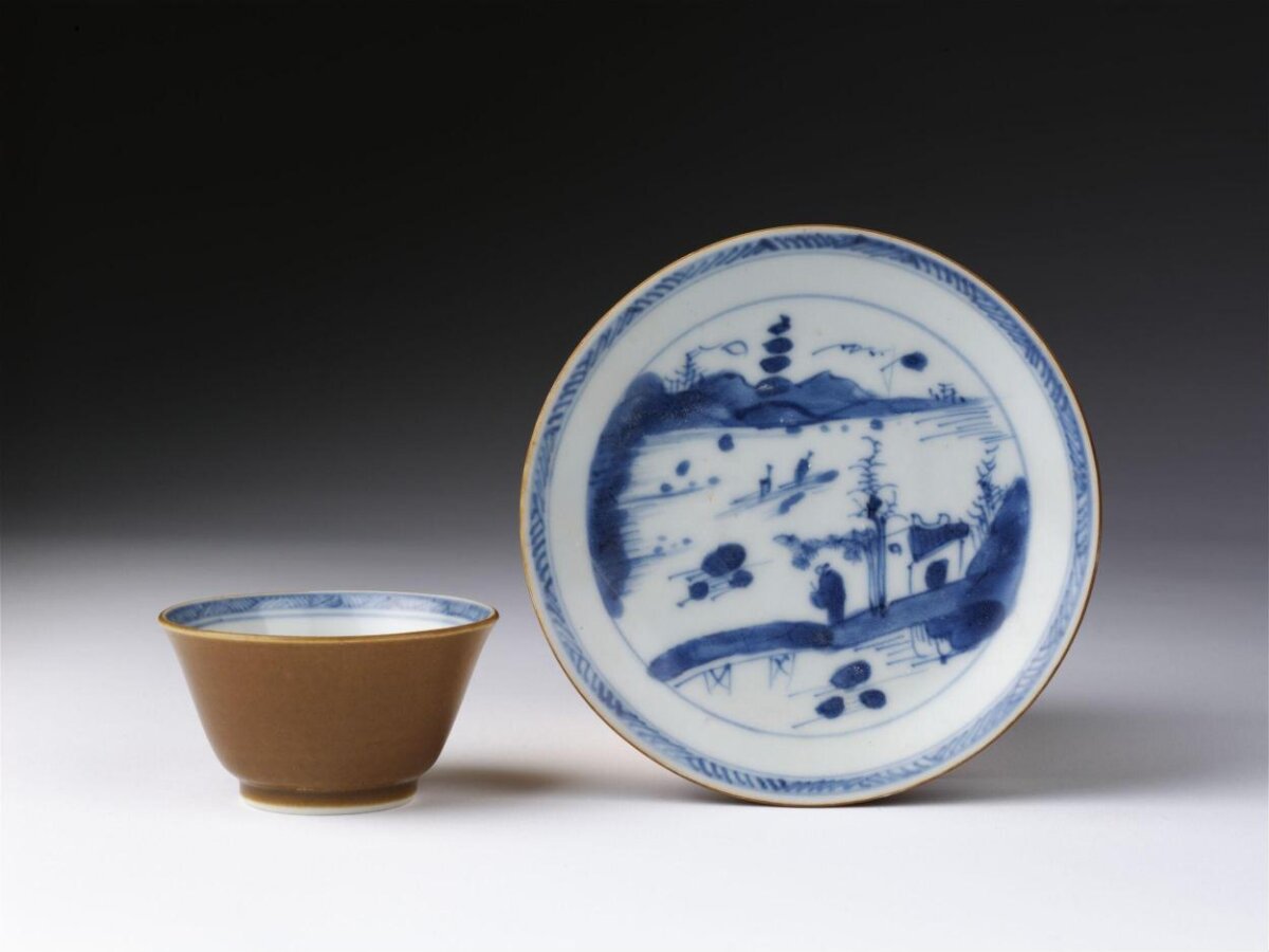 Brown Glazed Blue and White Landscape Cup Saucer