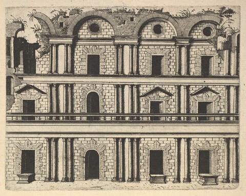 Ruined Ancient Facade Architectural Etching
